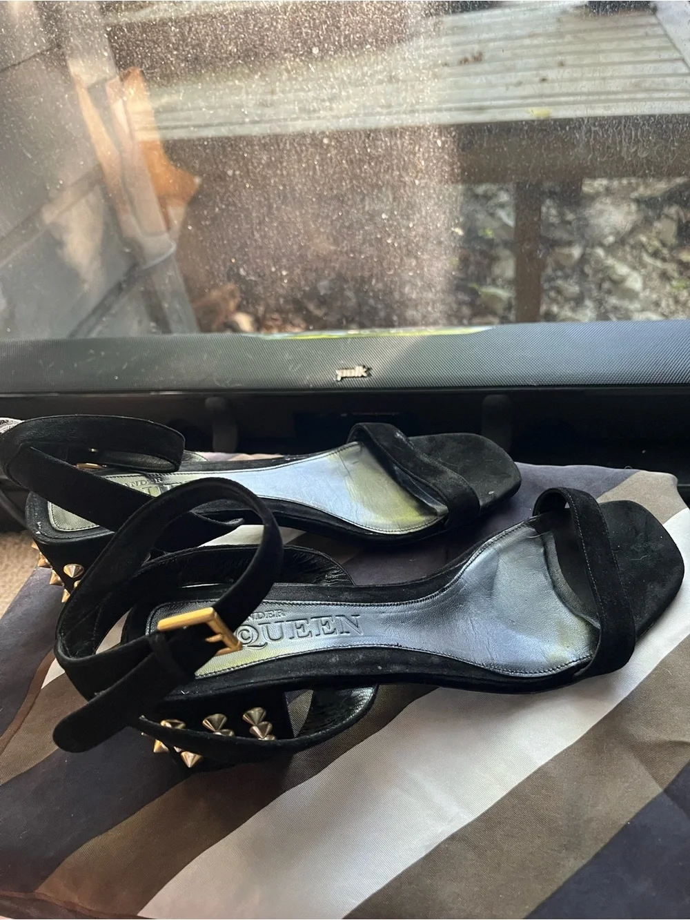 Alexander McQueen Black Suede Studded Ankle-Strap Heels